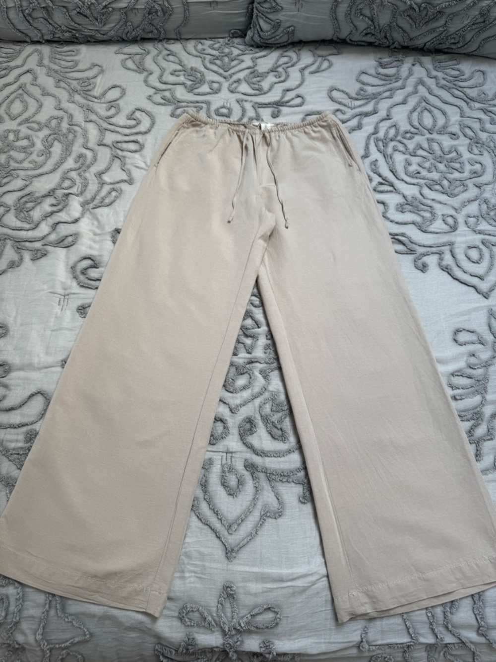 Beige Straight Leg Linen Blend Pants